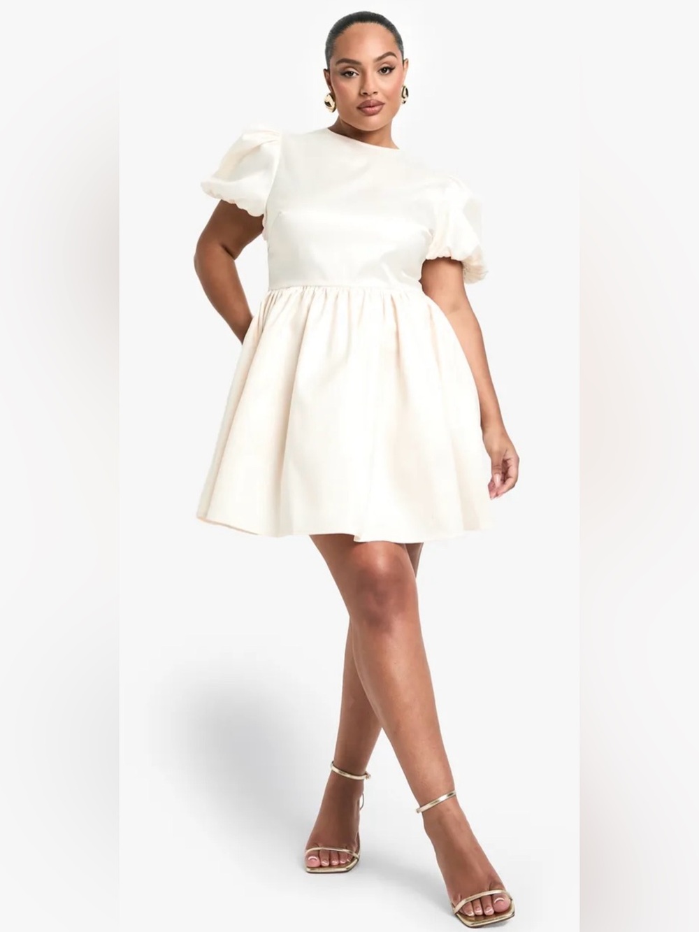 PrettyLittleThing Cream Puff Sleeve Skater Dress-Skirt